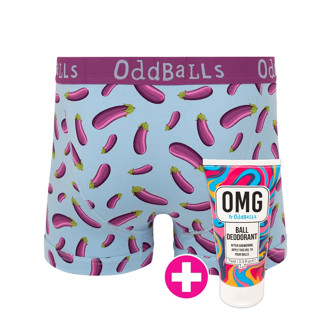 Aubergine emoji® - Mens Boxer Shorts & Ball Deodorant Bundle