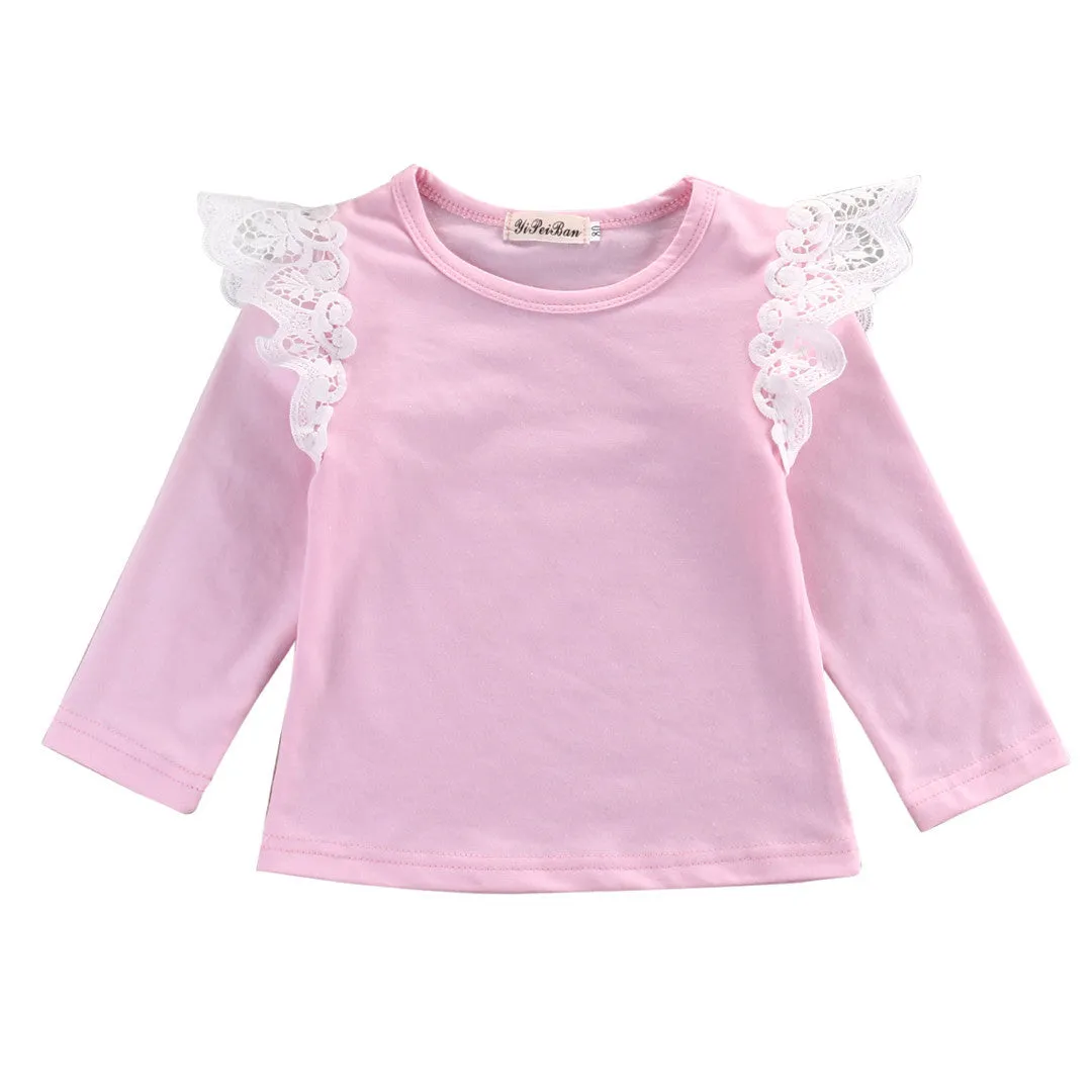 Autumn born Baby Girls Toddler Kids Clothes Cotton Lace Flying Long Sleeve T-shirts Tops Outfit Blouse