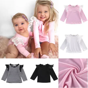 Autumn born Baby Girls Toddler Kids Clothes Cotton Lace Flying Long Sleeve T-shirts Tops Outfit Blouse