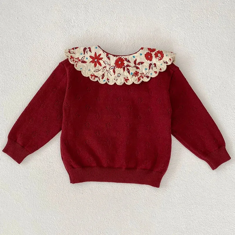 Autumn Newborn Sweaters Kids Knit Wear Kids Knitting Pullovers Tops Large Floral Collar Baby Girl Sweaters Kids Sweaters Cotton