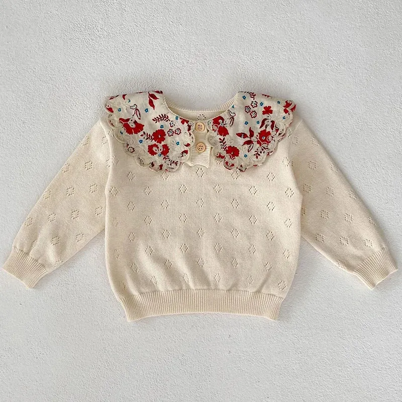 Autumn Newborn Sweaters Kids Knit Wear Kids Knitting Pullovers Tops Large Floral Collar Baby Girl Sweaters Kids Sweaters Cotton