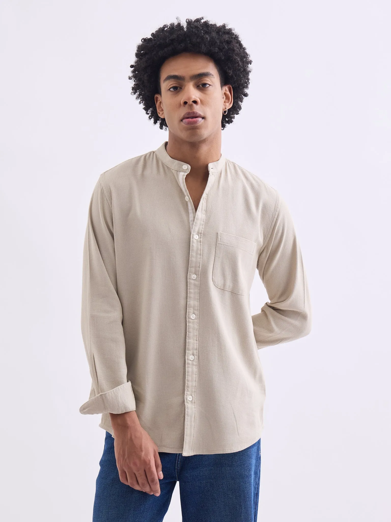 Beige Chinese Collar Slim Fit Shirt