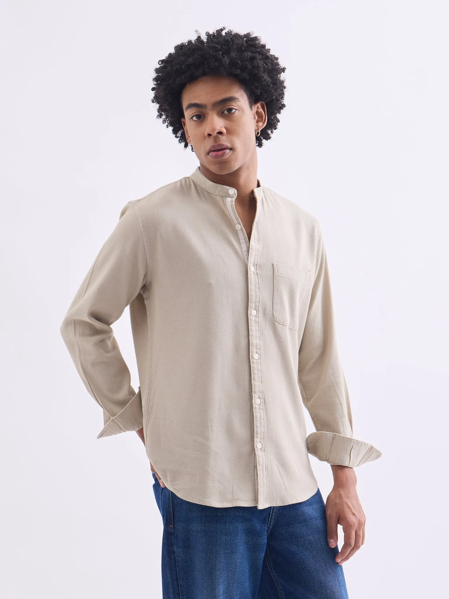 Beige Chinese Collar Slim Fit Shirt