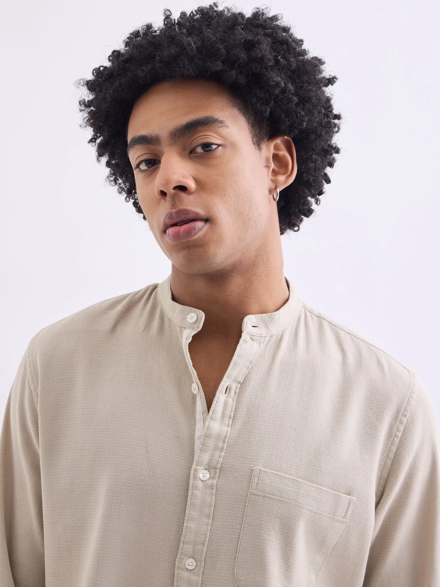Beige Chinese Collar Slim Fit Shirt
