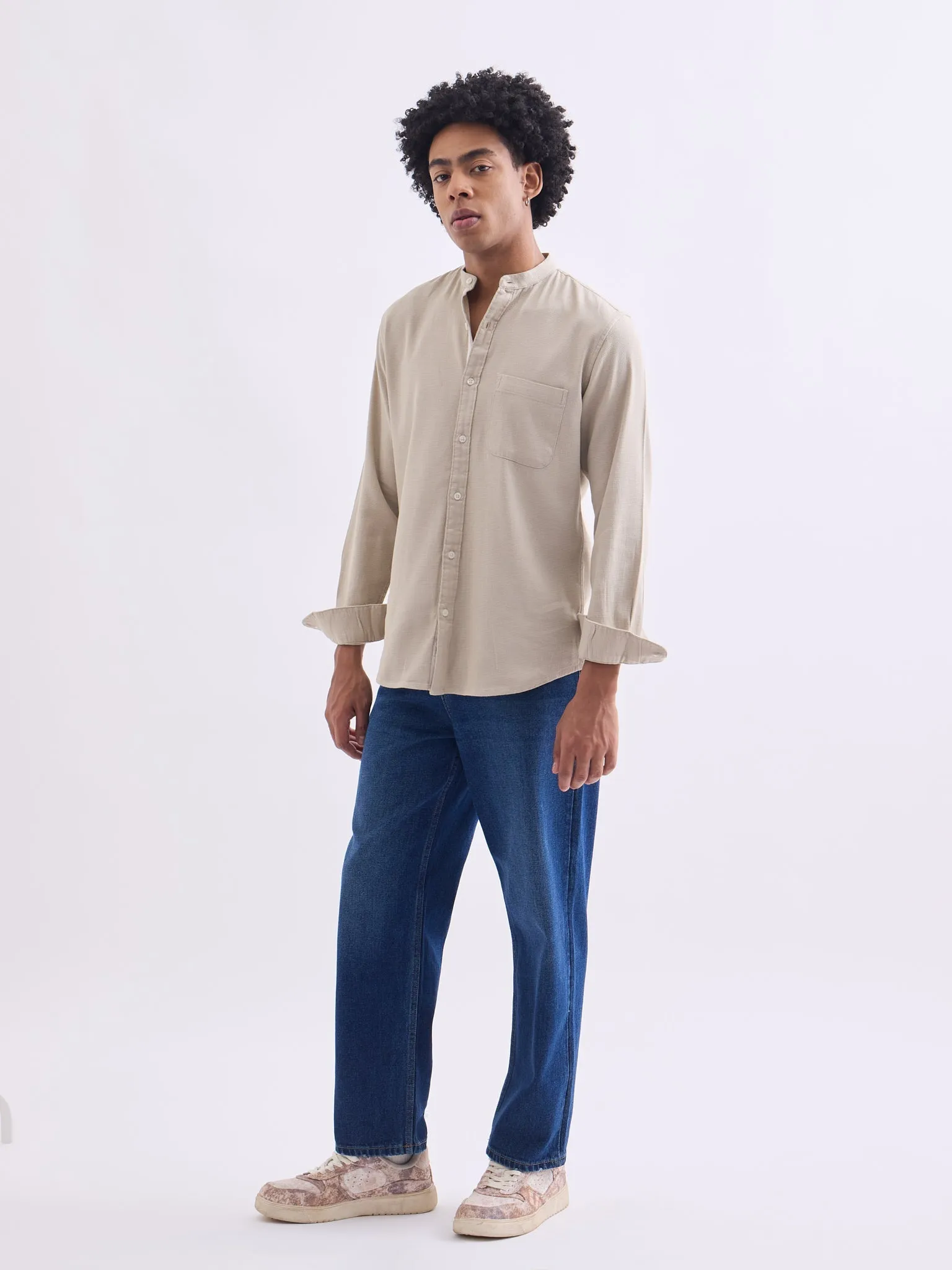 Beige Chinese Collar Slim Fit Shirt