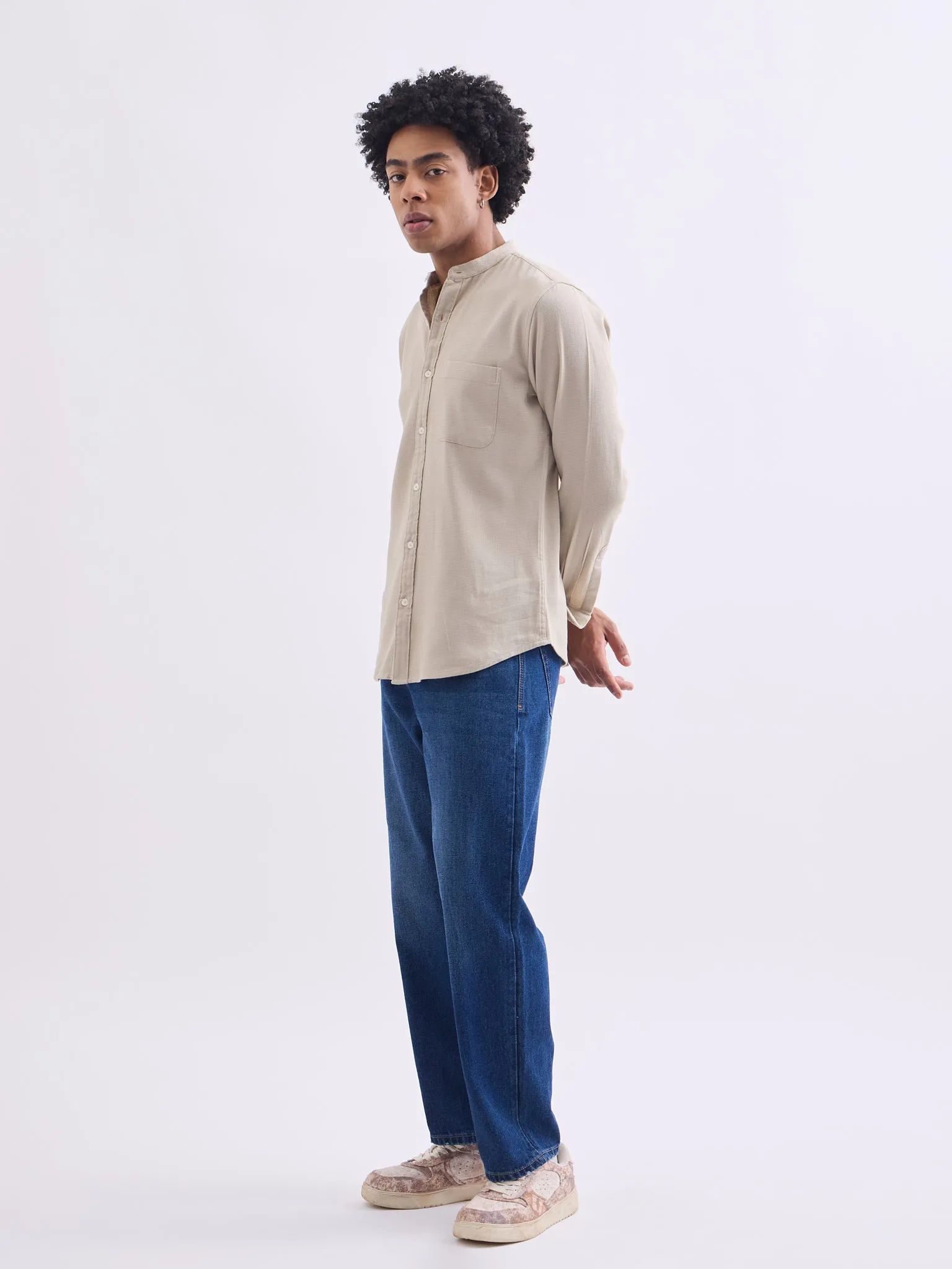 Beige Chinese Collar Slim Fit Shirt