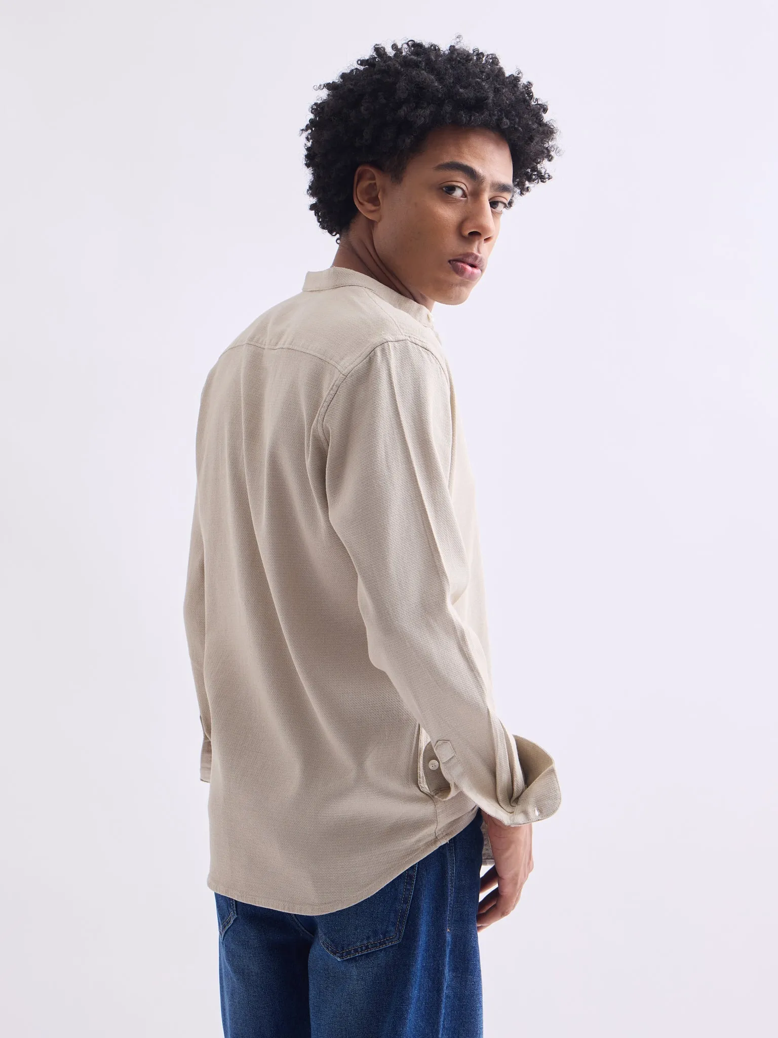 Beige Chinese Collar Slim Fit Shirt