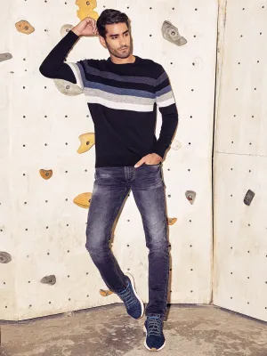 Black Colorblocked Round Neck Sweater