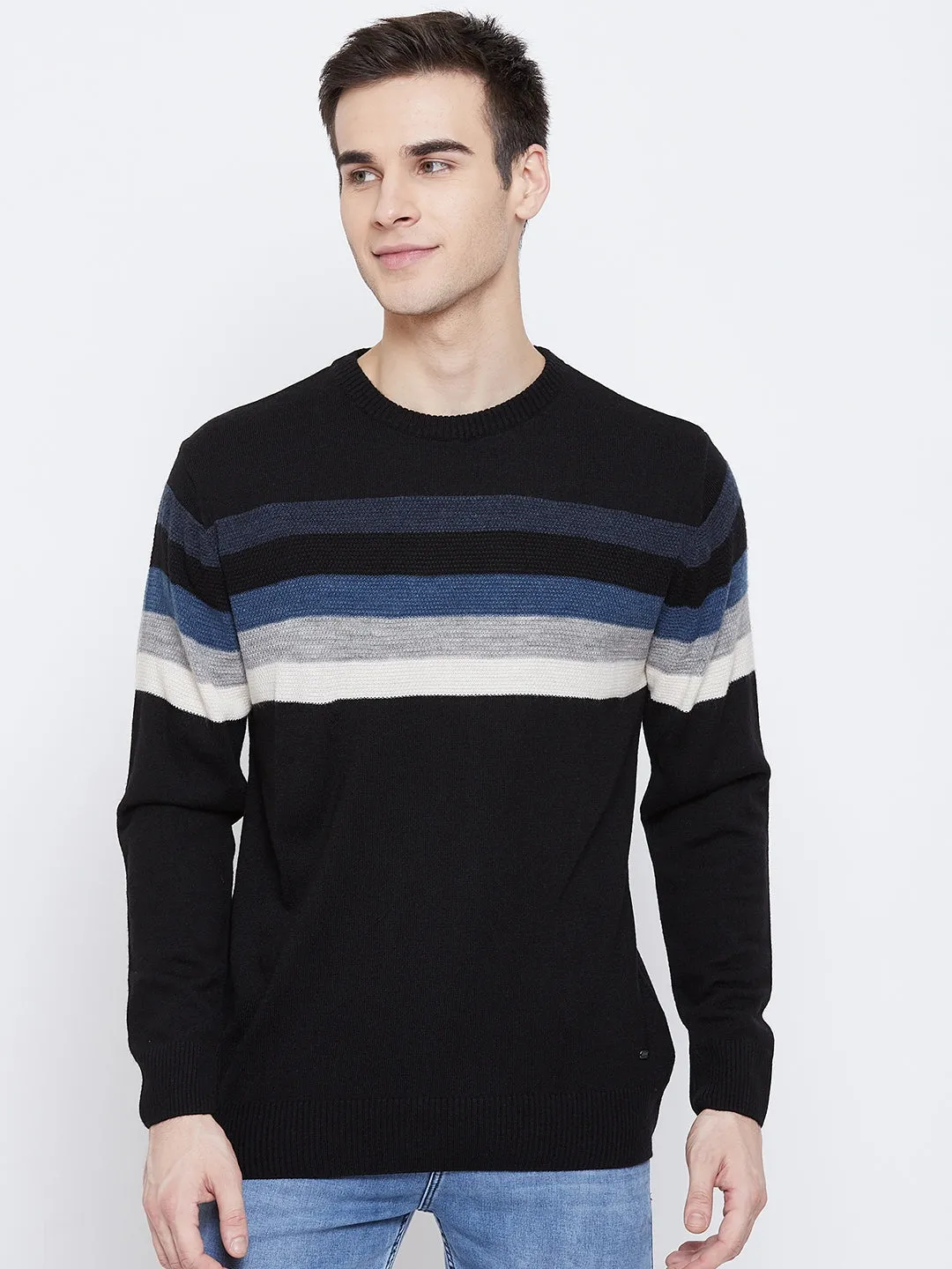 Black Colorblocked Round Neck Sweater
