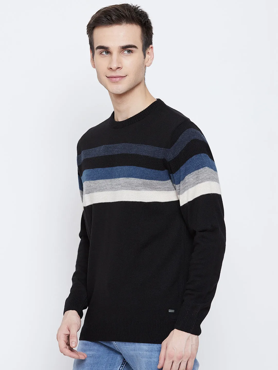 Black Colorblocked Round Neck Sweater