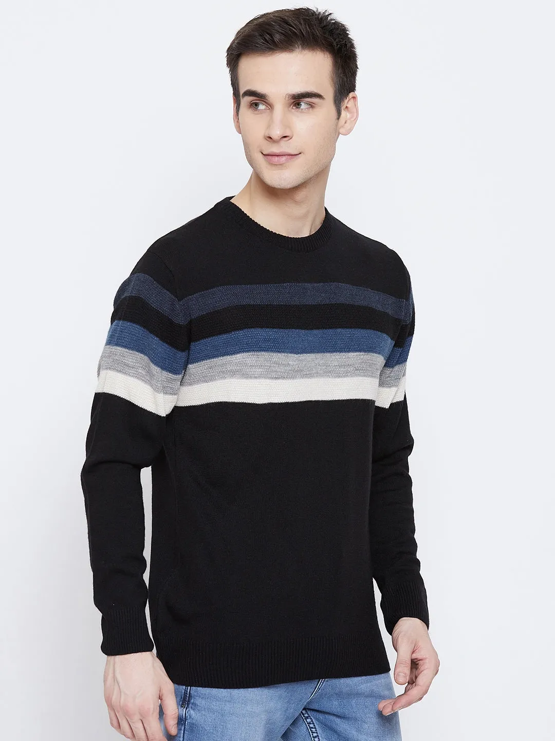 Black Colorblocked Round Neck Sweater
