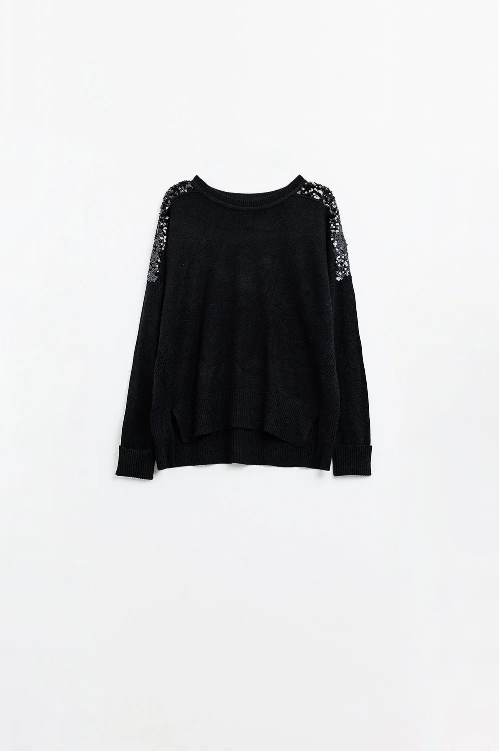 Black long sleeves sweater with sequins on the shoulders