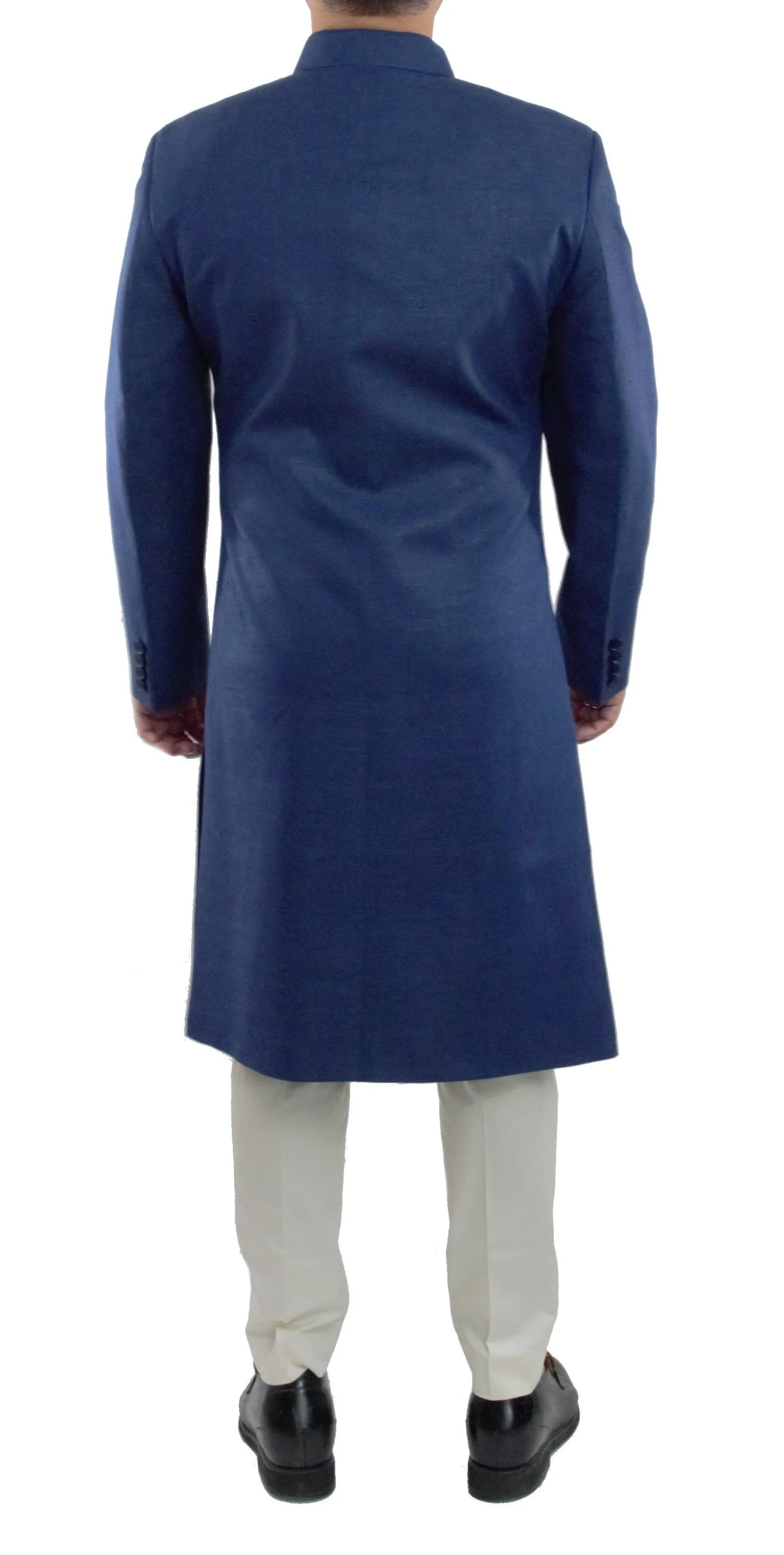 Blue Color Matka Silk Bandhgala Sherwani Suit With Churidar