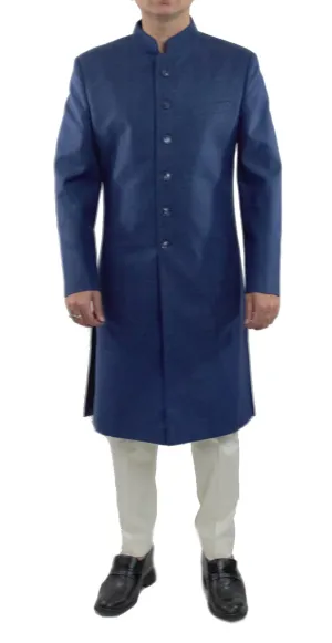 Blue Color Matka Silk Bandhgala Sherwani Suit With Churidar