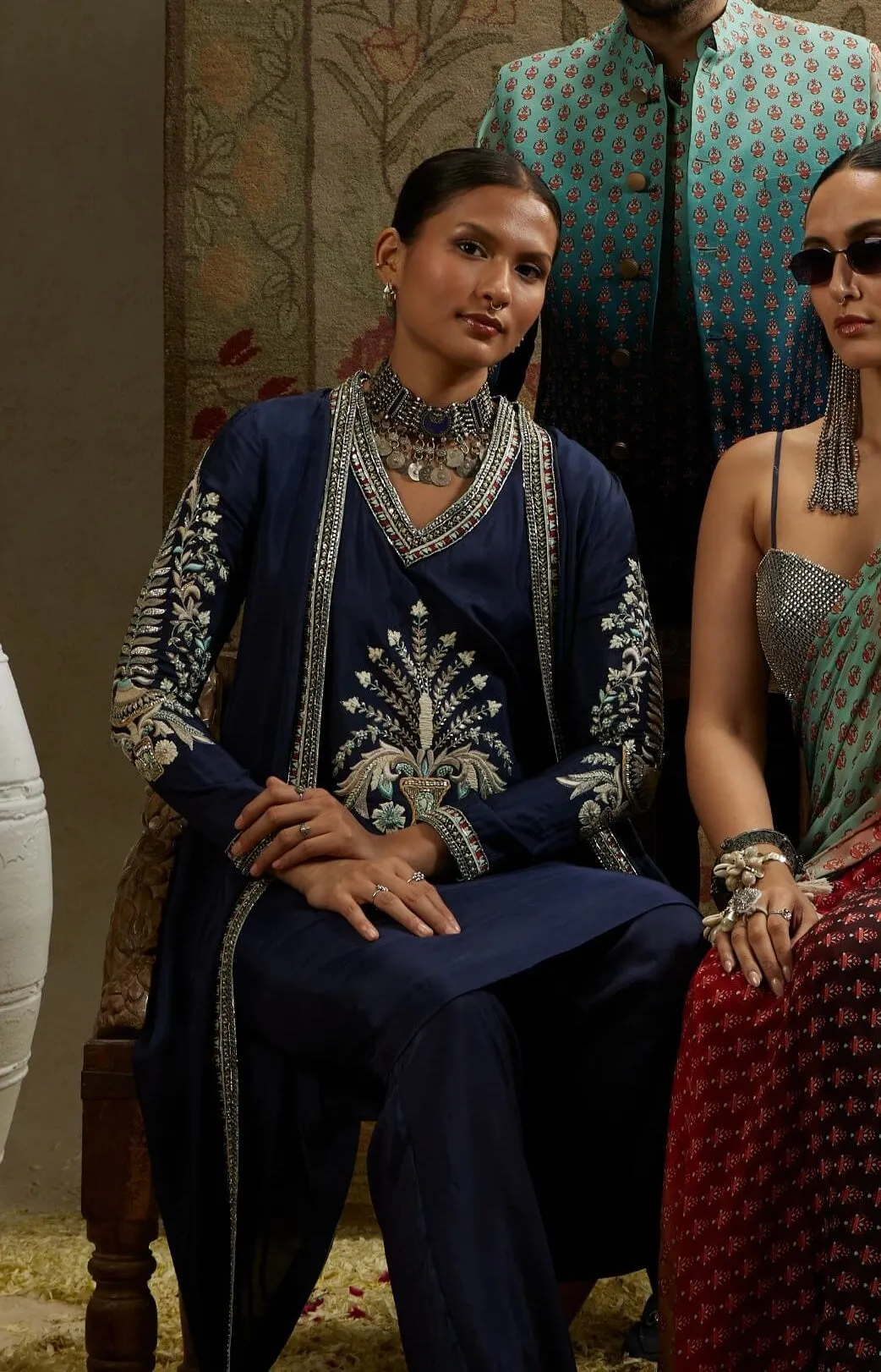 Blue v-neck front butta kurta and jacket set