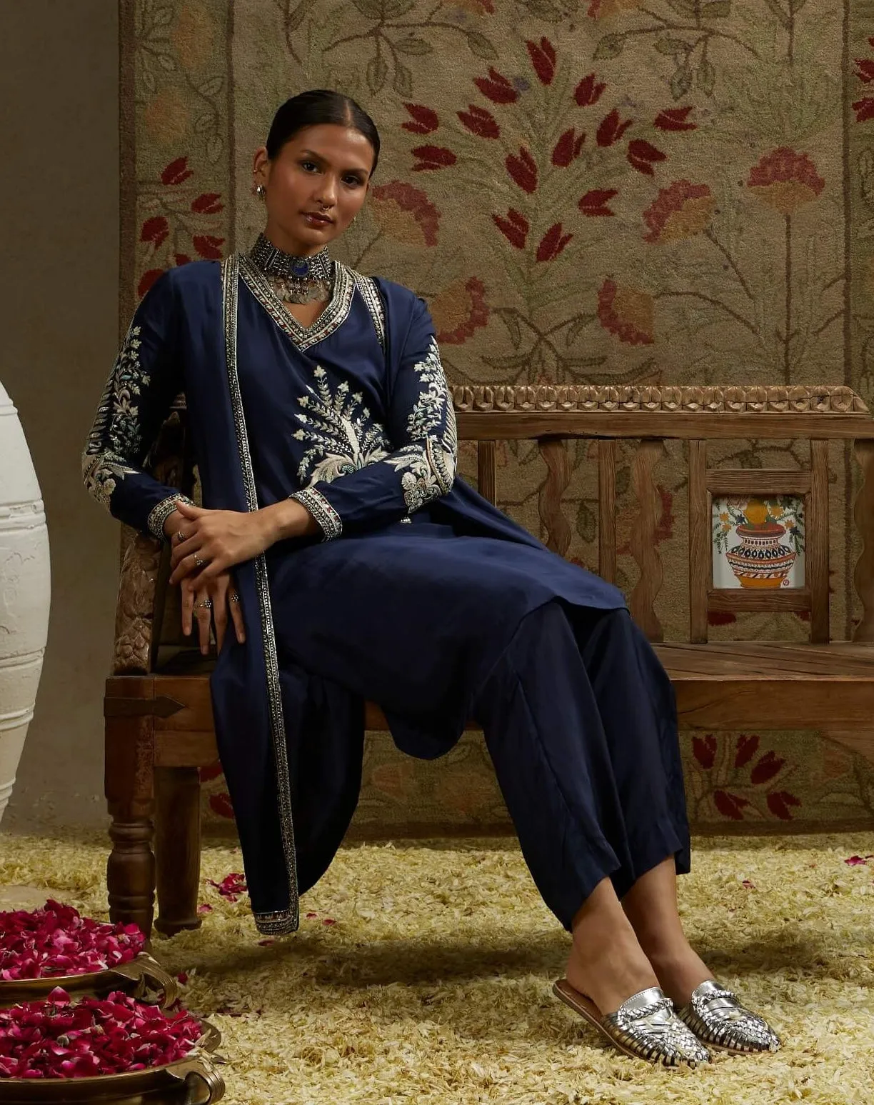 Blue v-neck front butta kurta and jacket set