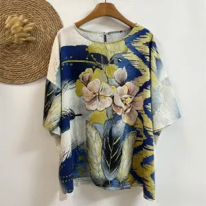 Buddha Stones Casual Flower Leaves Feather Women's Crew Neck Design Half Sleeve Polyester T-shirt