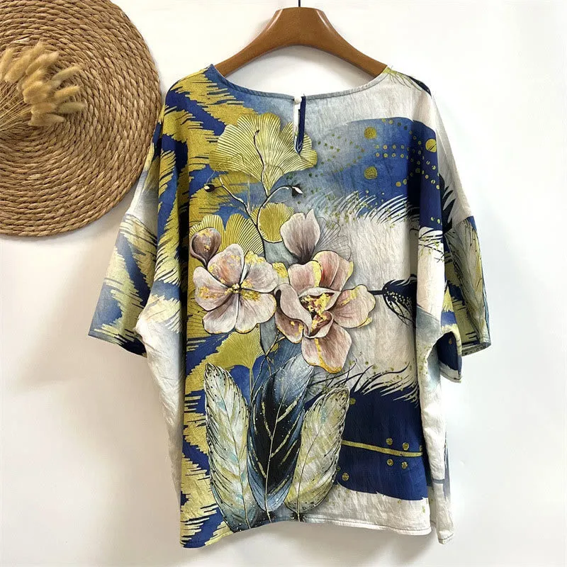 Buddha Stones Casual Flower Leaves Feather Women's Crew Neck Design Half Sleeve Polyester T-shirt