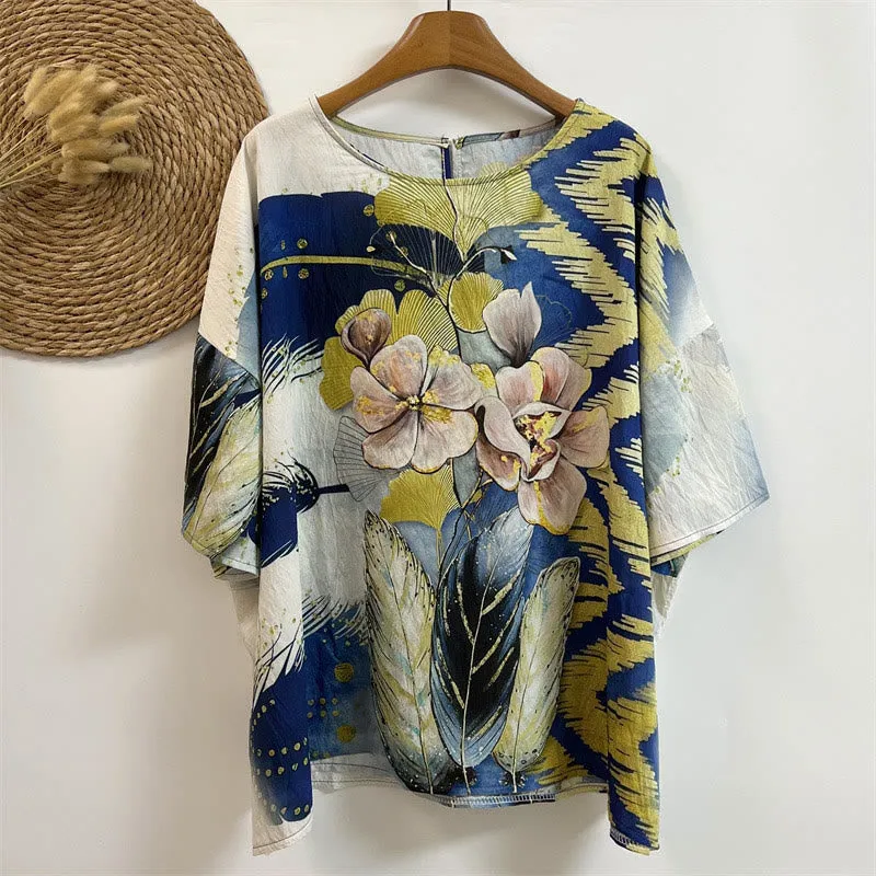 Buddha Stones Casual Flower Leaves Feather Women's Crew Neck Design Half Sleeve Polyester T-shirt