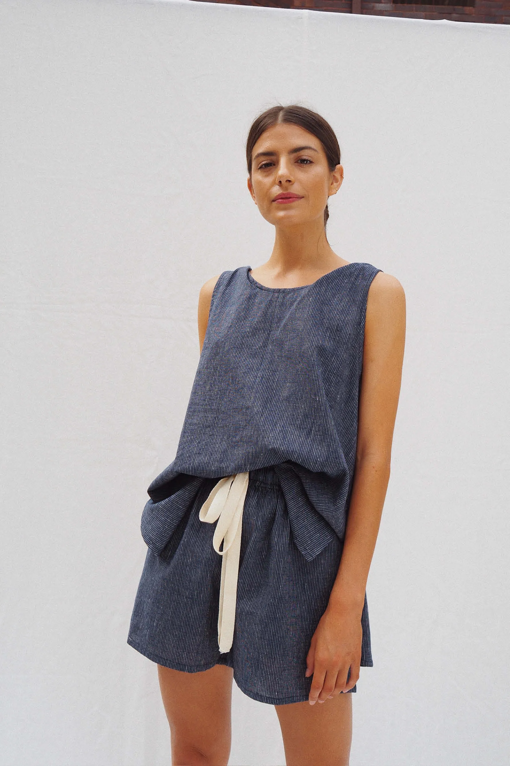 Burns Twisted Strap Top Navy Stripe