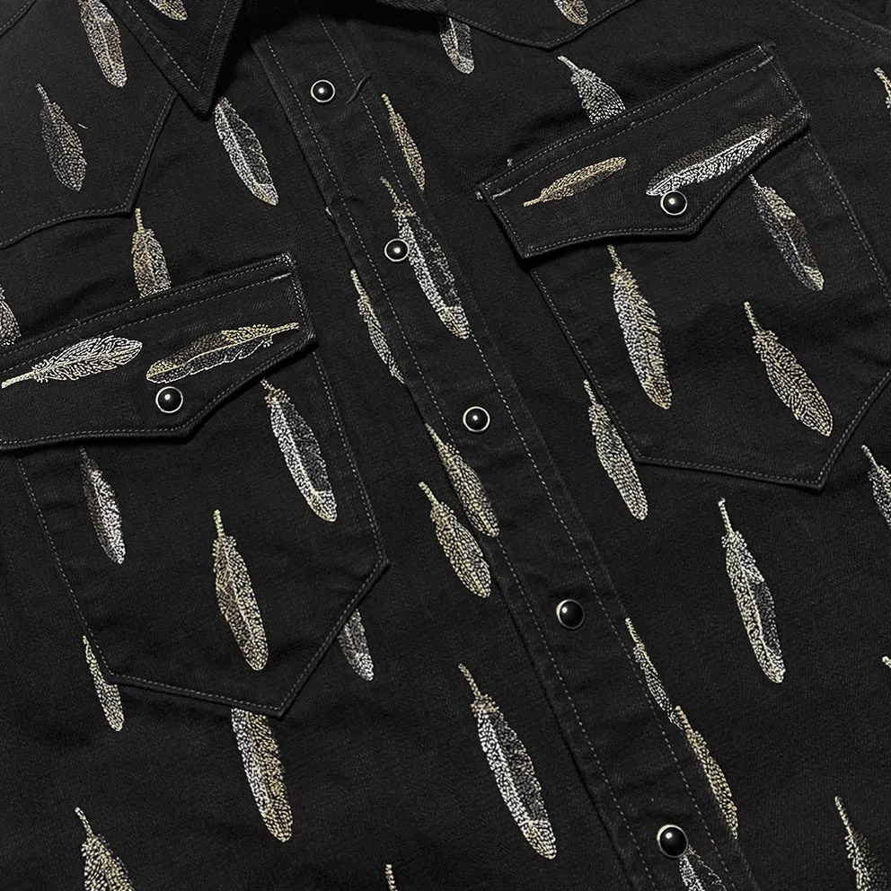 BZEN M.3239R JESSE BF REGULAR FIT BLACK DENIM WESTERN SHIRT WITH PANEL FEATHER EMBROIDERY-12OZ-E0 BLACK/BLACK