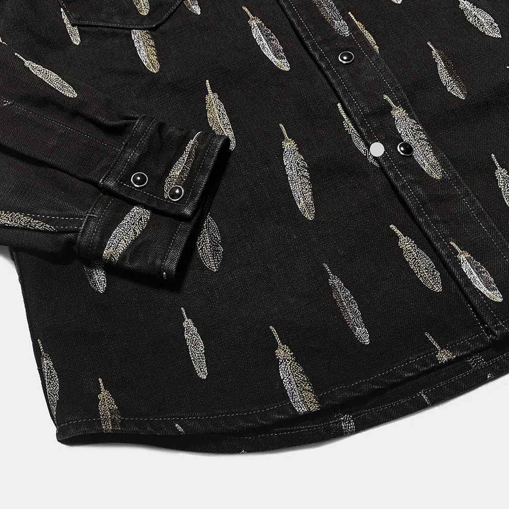 BZEN M.3239R JESSE BF REGULAR FIT BLACK DENIM WESTERN SHIRT WITH PANEL FEATHER EMBROIDERY-12OZ-E0 BLACK/BLACK