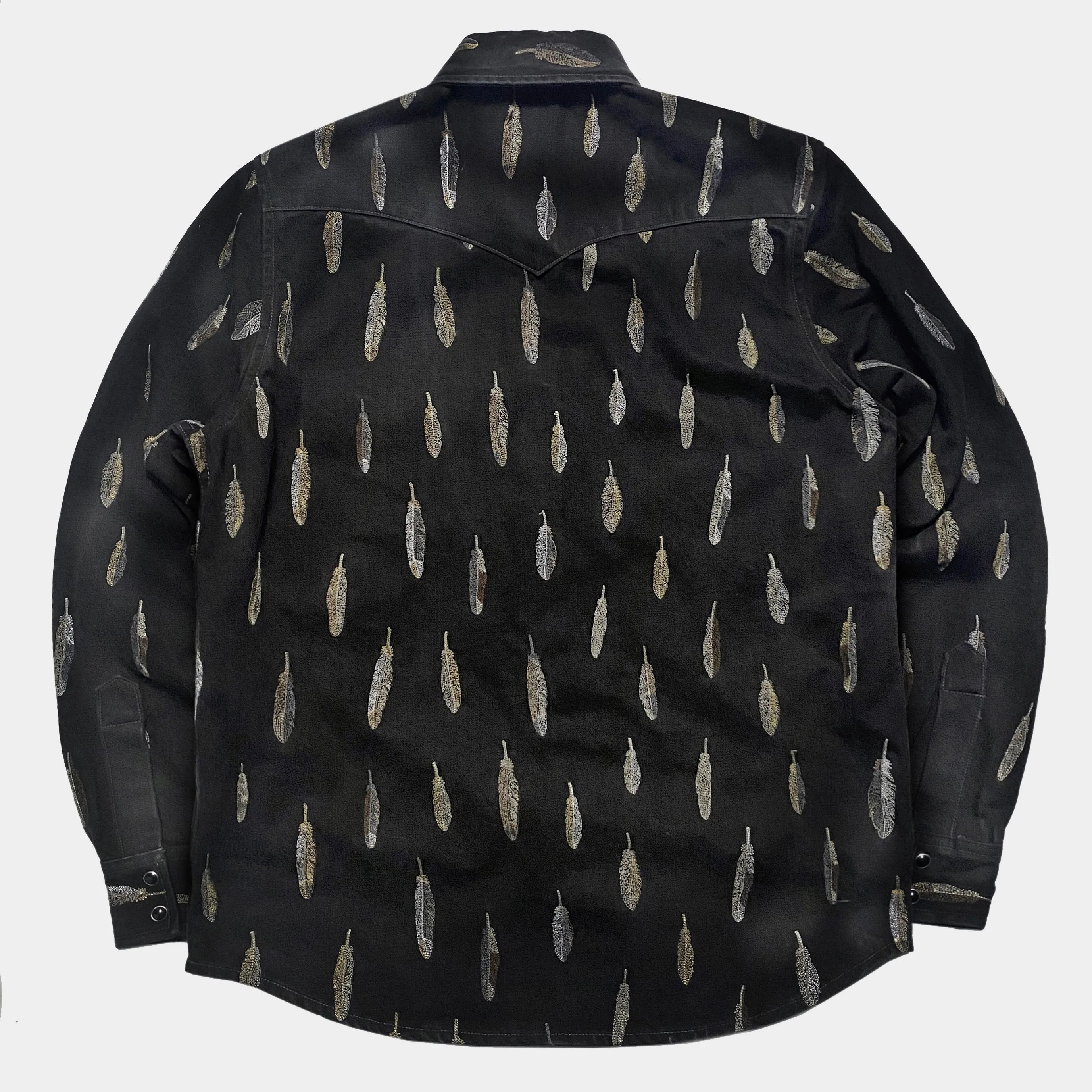 BZEN M.3239R JESSE BF REGULAR FIT BLACK DENIM WESTERN SHIRT WITH PANEL FEATHER EMBROIDERY-12OZ-E0 BLACK/BLACK