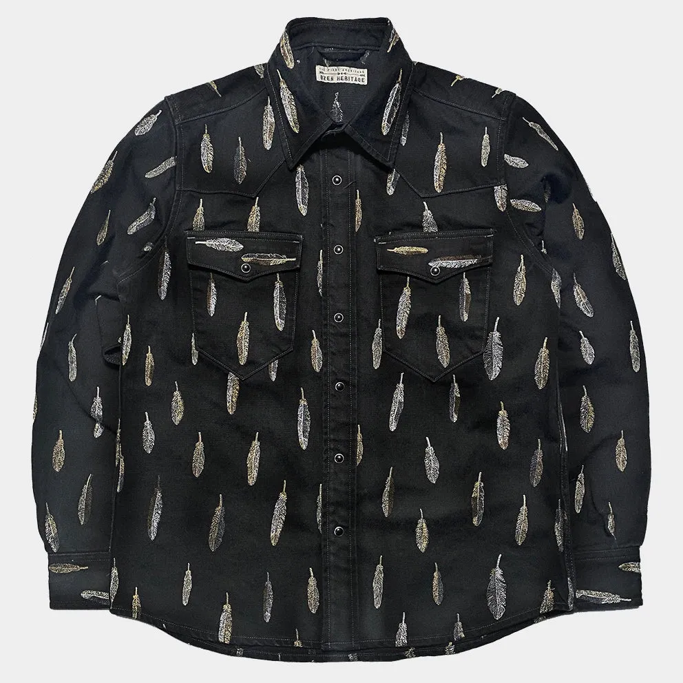 BZEN M.3239R JESSE BF REGULAR FIT BLACK DENIM WESTERN SHIRT WITH PANEL FEATHER EMBROIDERY-12OZ-E0 BLACK/BLACK