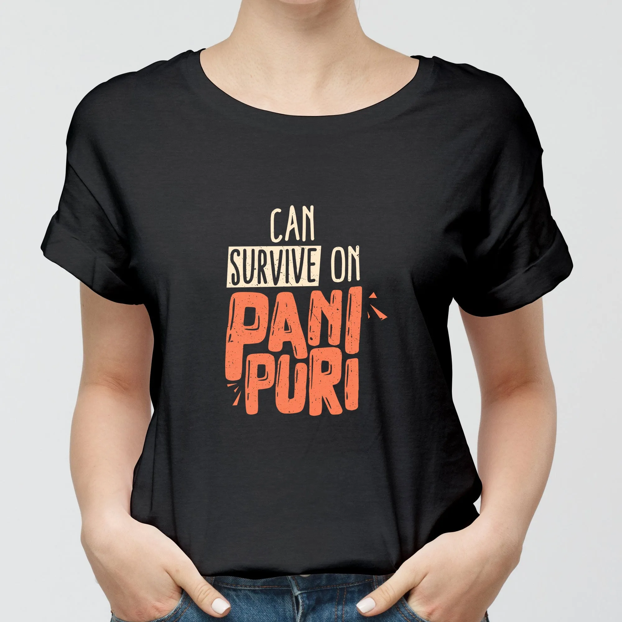 Can Survive on Pani Puri (Dark) Round-Neck Unisex-T-Shirt