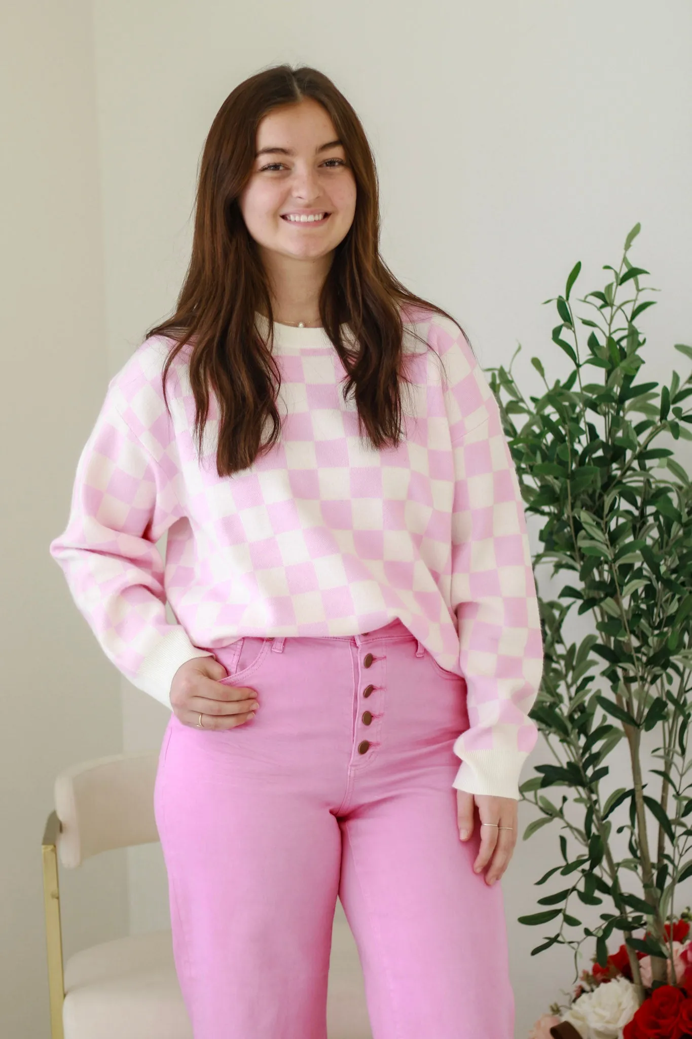 Checking Into It Sweater in Pink