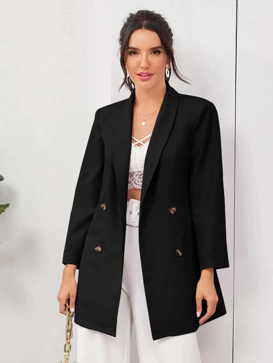 CM-CS804092 Women Casual Seoul Style Long Sleeve Shawl Neck Solid Blazer - Black