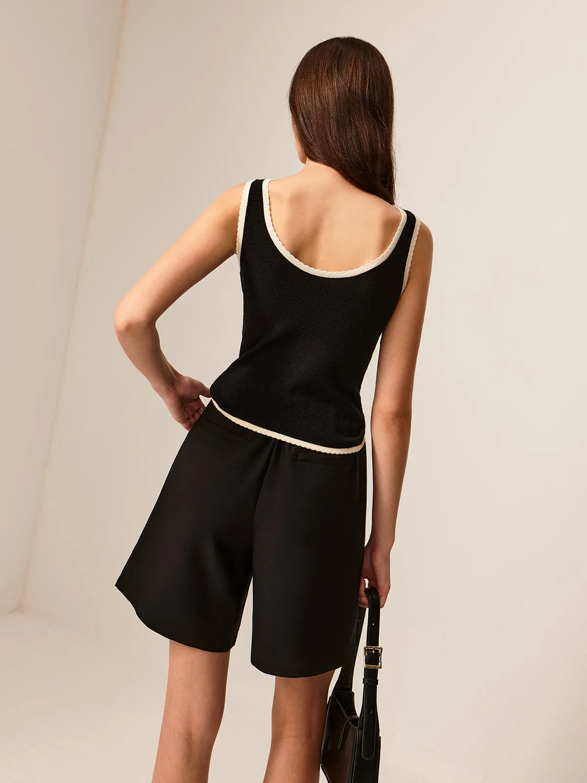 Contrast Piping Bow Slim Knit Top