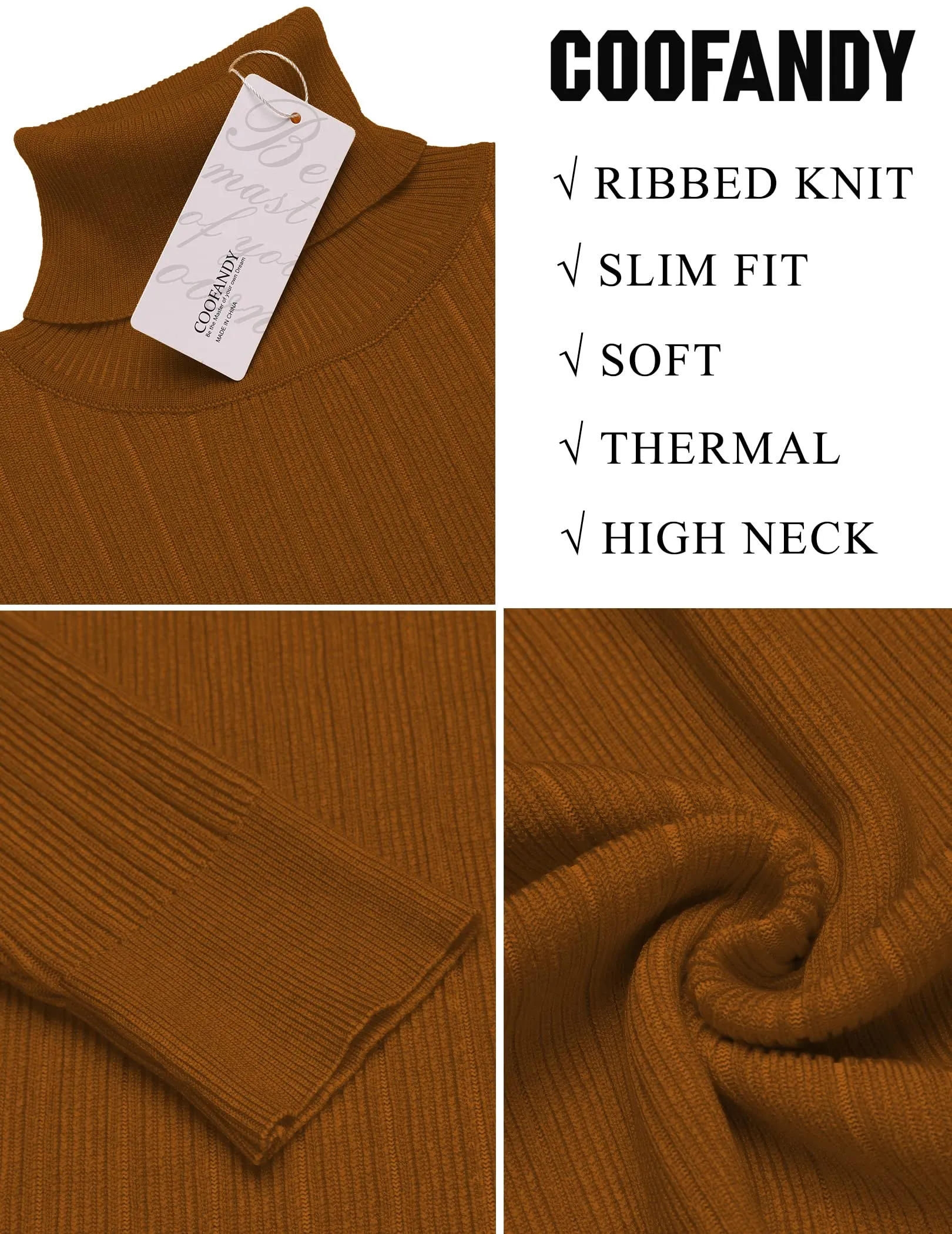 COOFANDY Men's Slim Fit Turtleneck Sweater Ribbed Knitted High Neck Pullover Sweaters