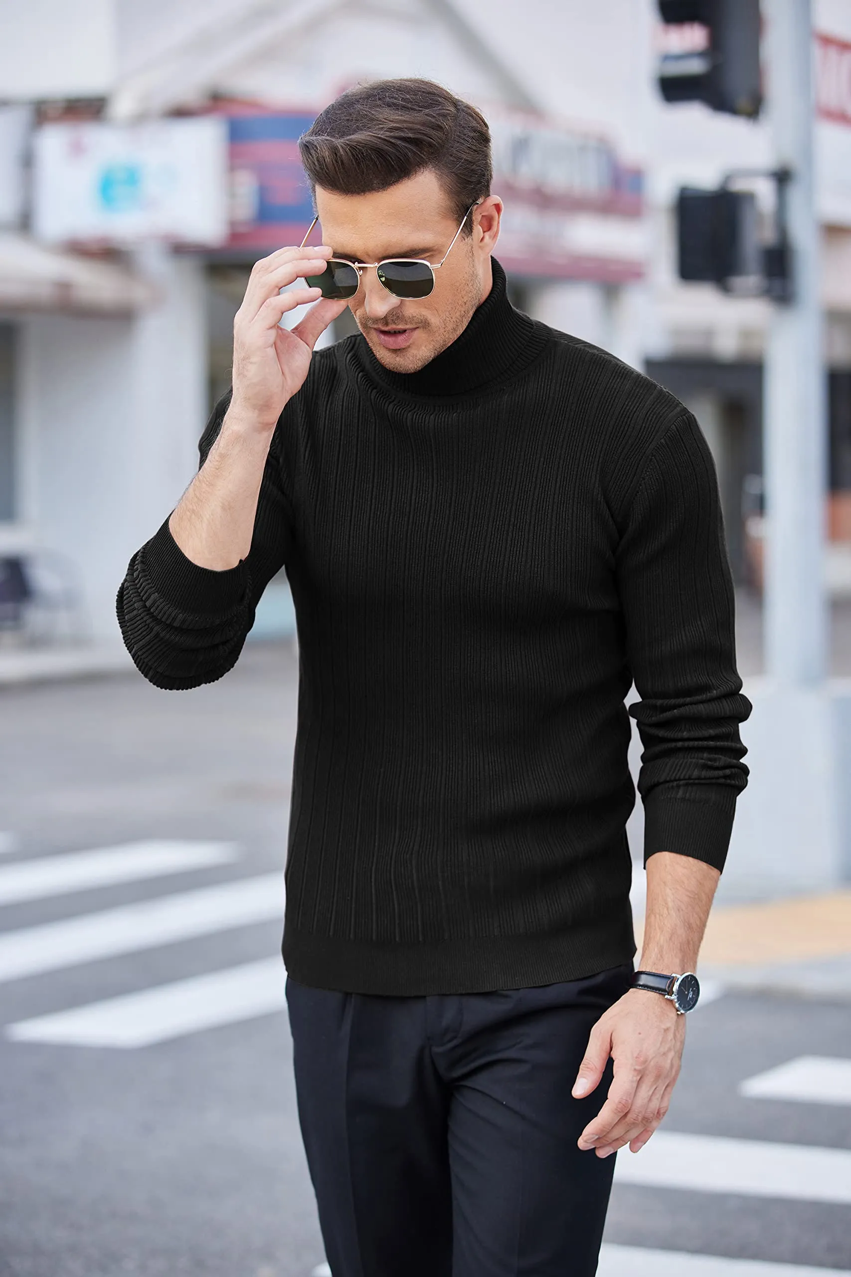 COOFANDY Men's Slim Fit Turtleneck Sweater Ribbed Knitted High Neck Pullover Sweaters