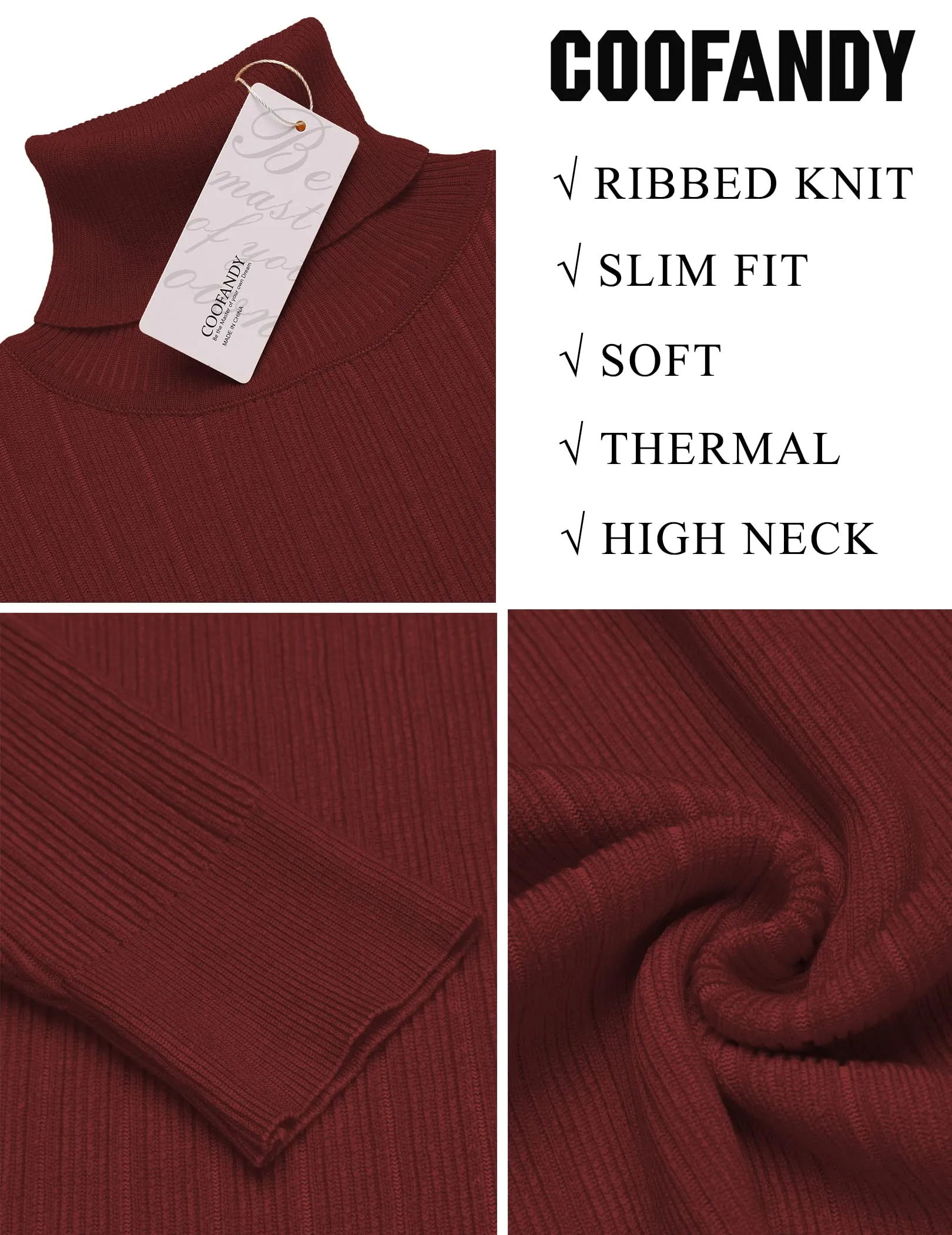COOFANDY Men's Slim Fit Turtleneck Sweater Ribbed Knitted High Neck Pullover Sweaters
