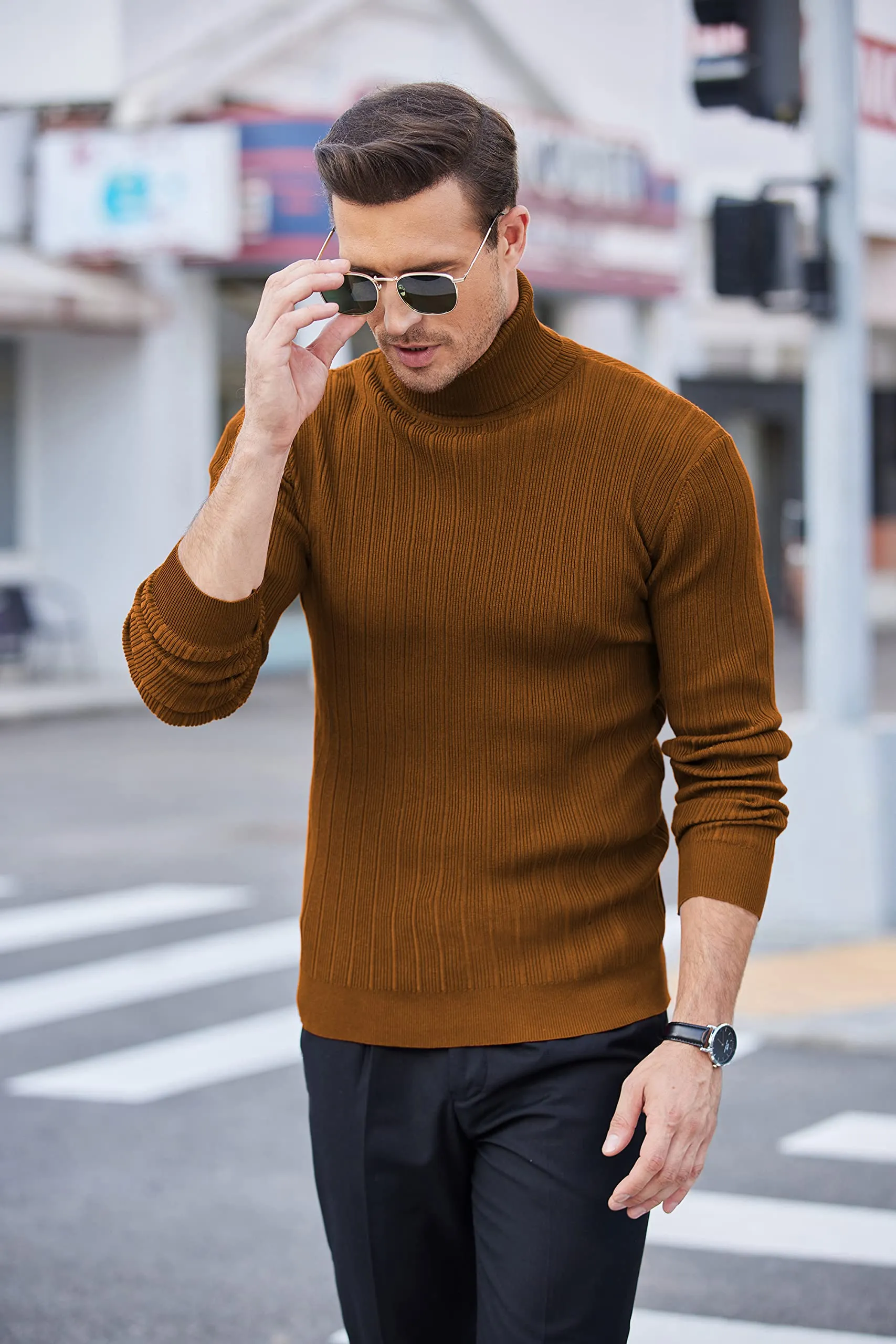 COOFANDY Men's Slim Fit Turtleneck Sweater Ribbed Knitted High Neck Pullover Sweaters