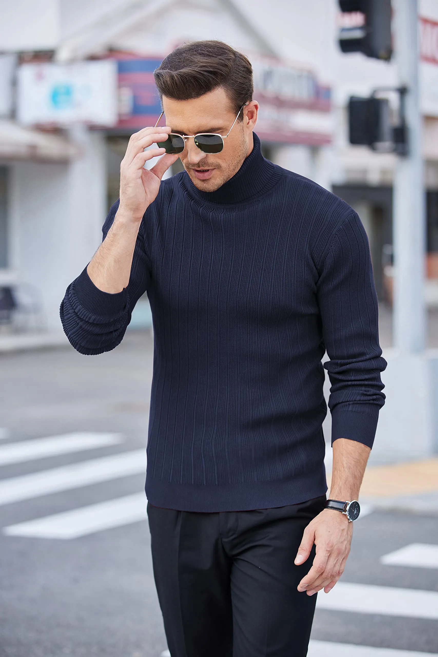 COOFANDY Men's Slim Fit Turtleneck Sweater Ribbed Knitted High Neck Pullover Sweaters