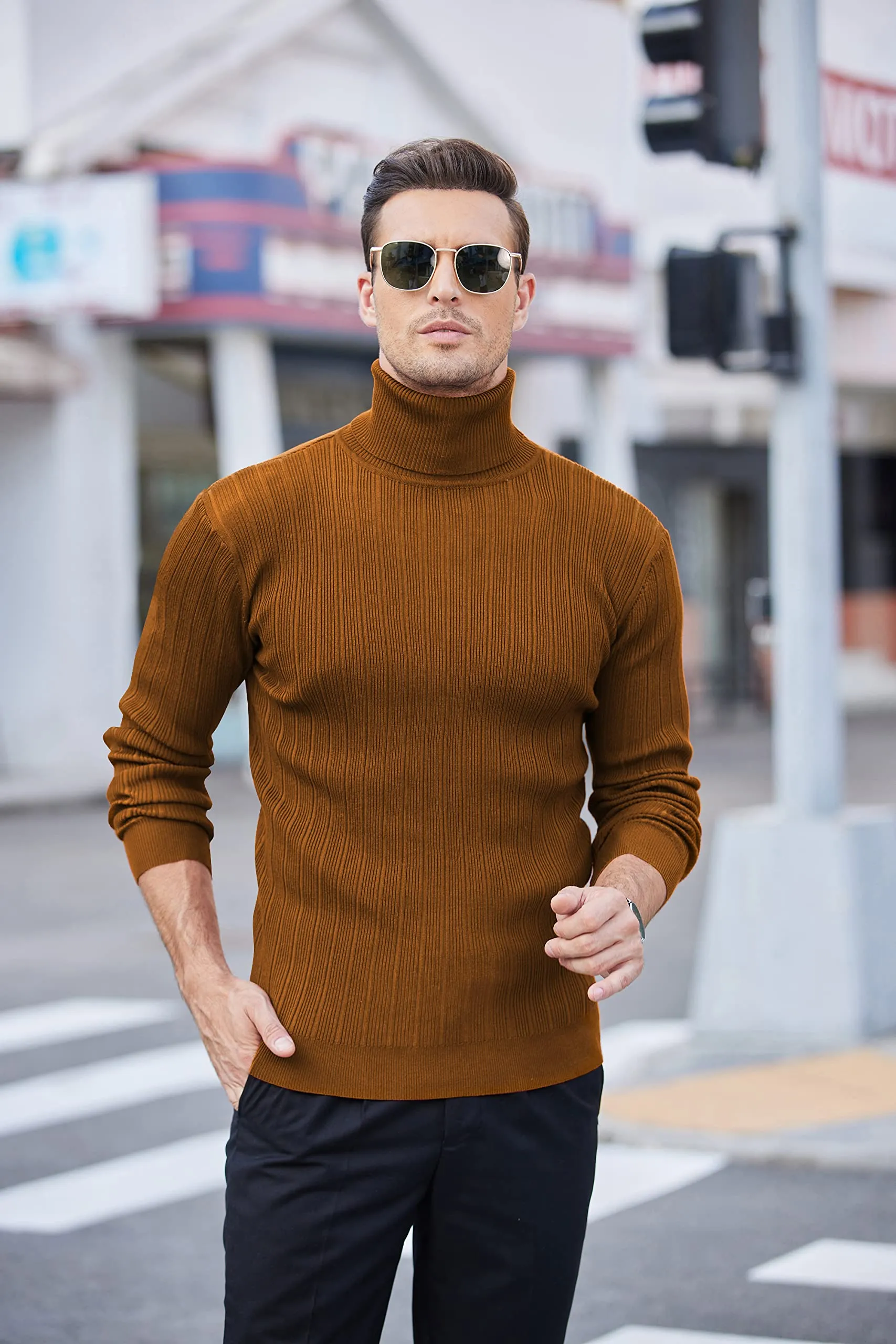 COOFANDY Men's Slim Fit Turtleneck Sweater Ribbed Knitted High Neck Pullover Sweaters