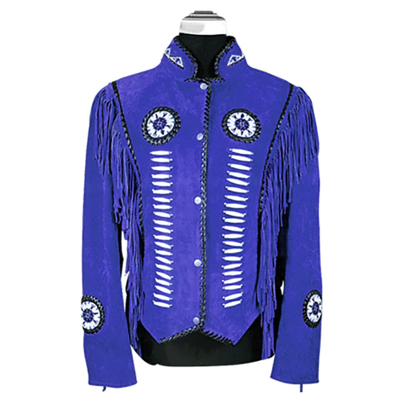 Cowgirl Western Fringe Blue Suede Leather Jacket for Women LBJ301