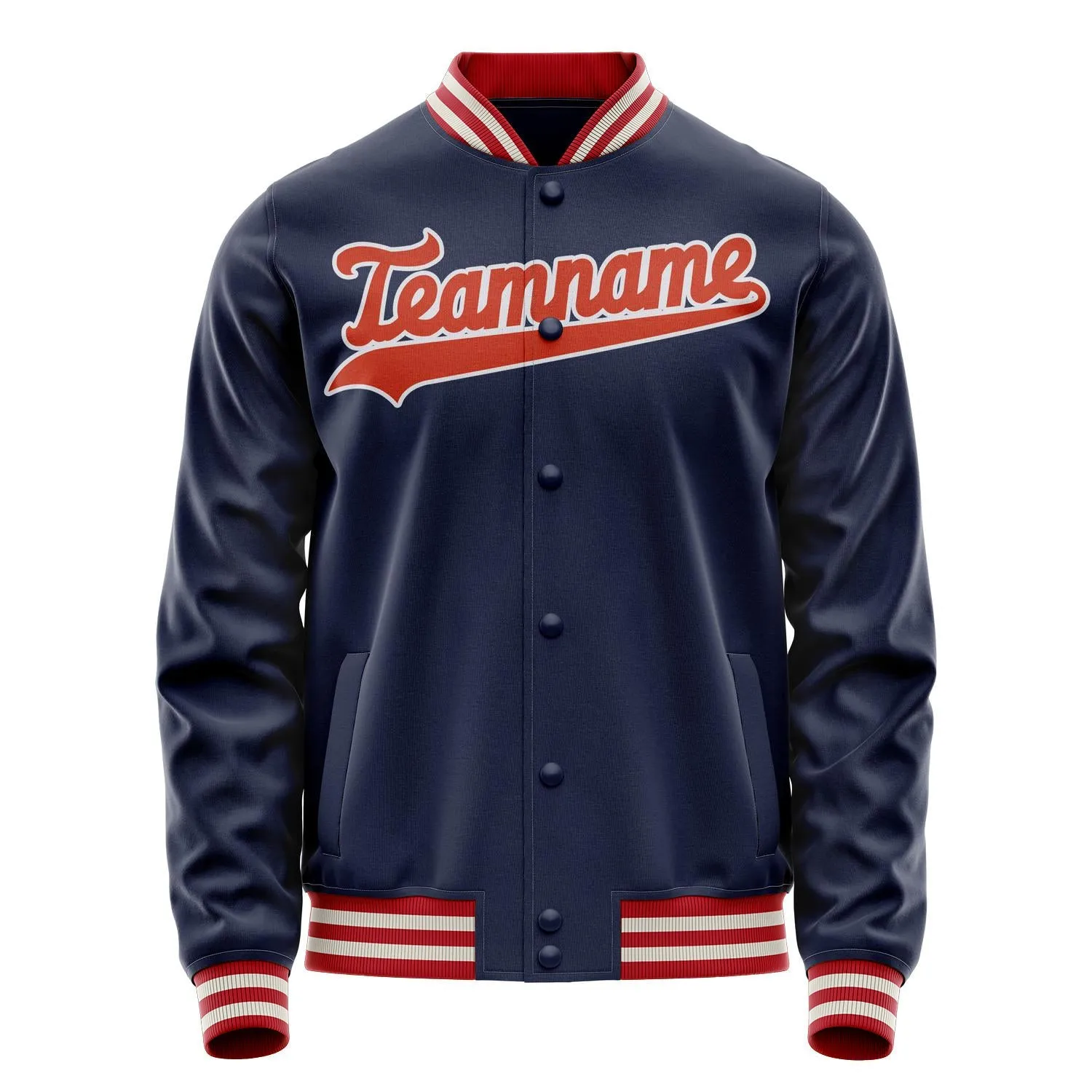 Custom Navy Orange Solid Color Varsity Letterman Jacket