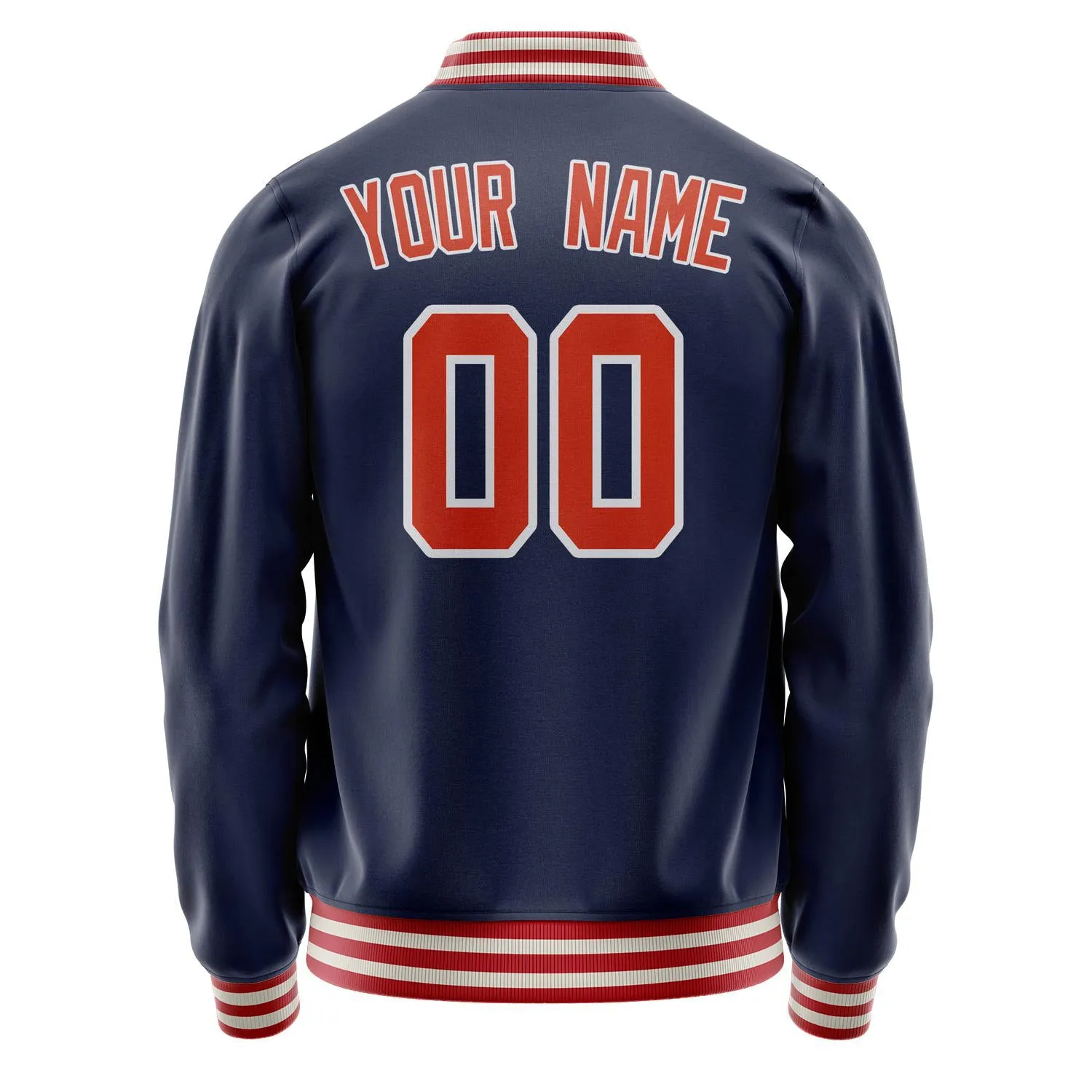 Custom Navy Orange Solid Color Varsity Letterman Jacket
