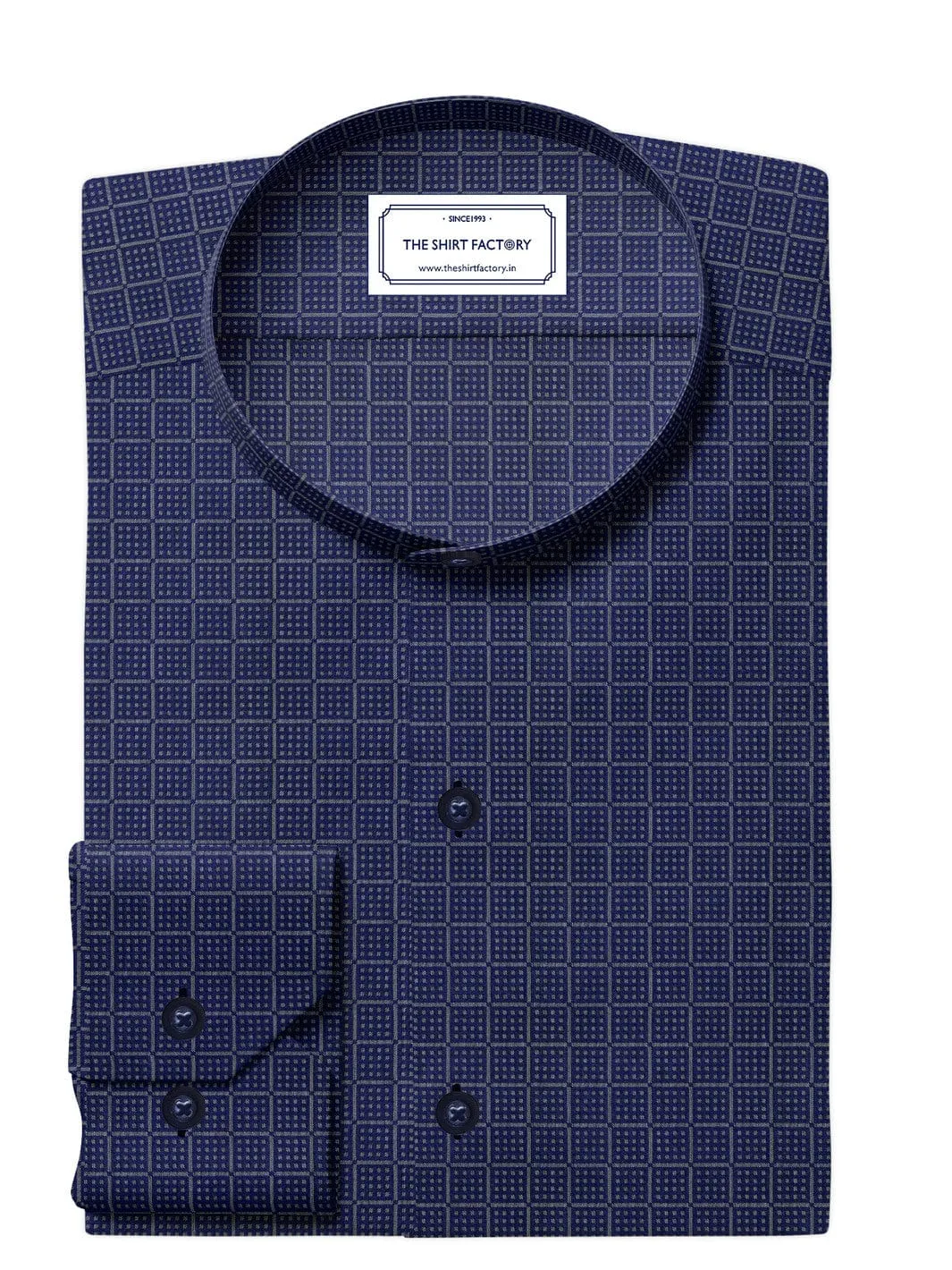 Custom Tailored Premium Cotton Navy Blue Shirt with Windowpane and Pin Check - CUS-10287