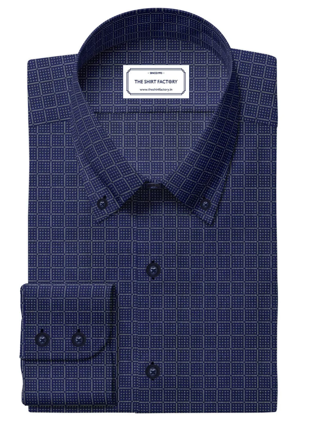 Custom Tailored Premium Cotton Navy Blue Shirt with Windowpane and Pin Check - CUS-10287