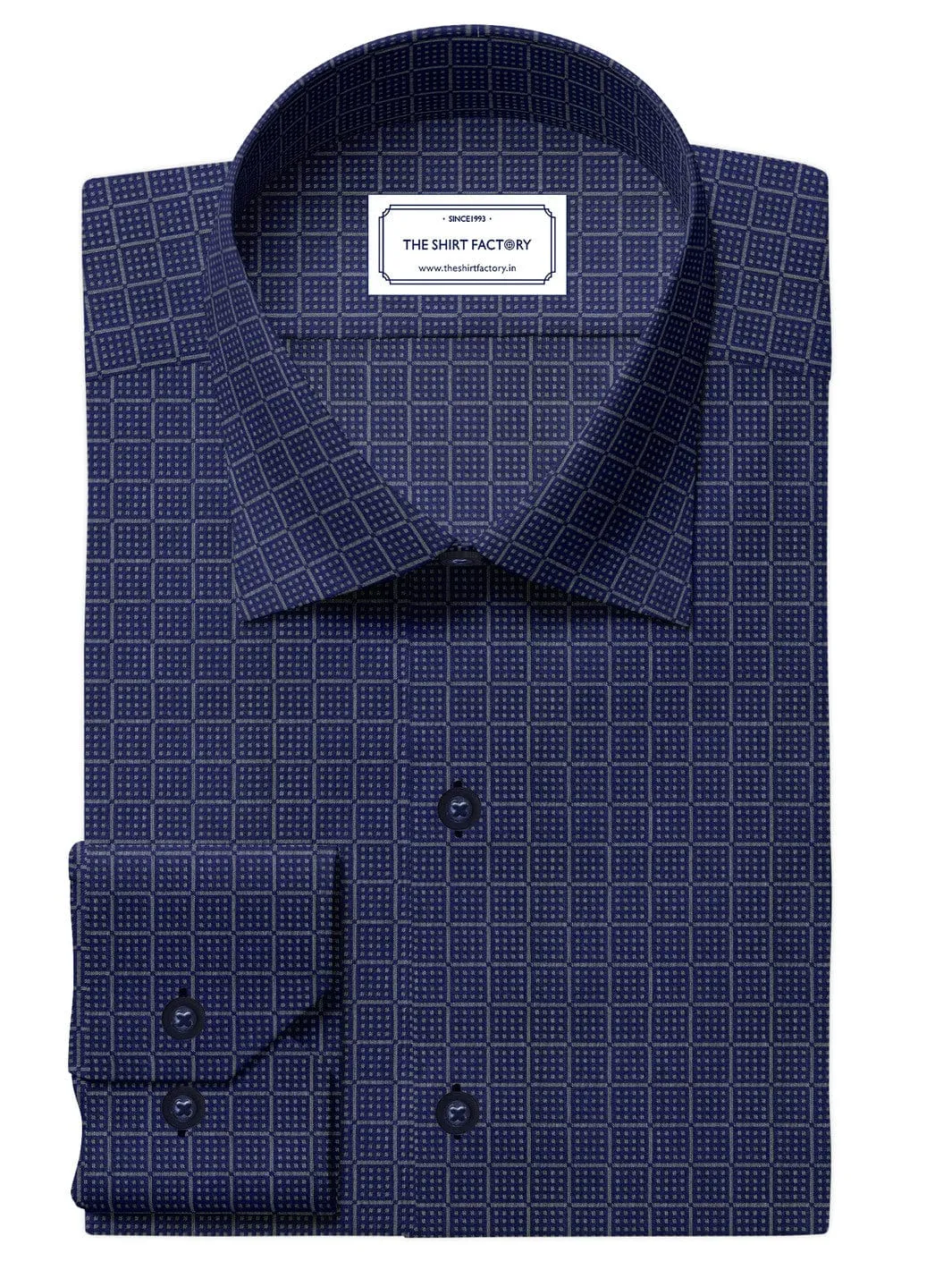 Custom Tailored Premium Cotton Navy Blue Shirt with Windowpane and Pin Check - CUS-10287