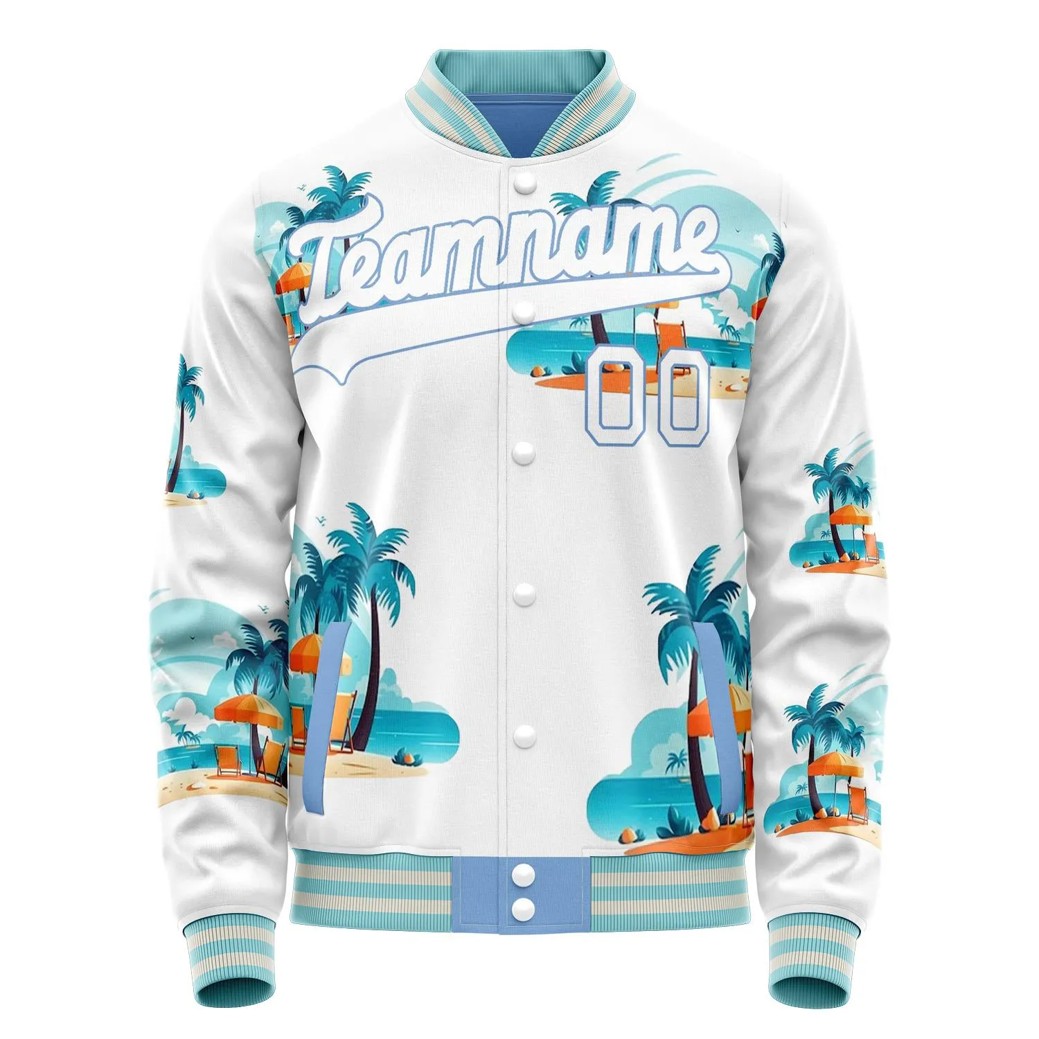Custom White Light-Blue 3D Pattern Hawaiian Palm Tree Flamingo Varsity Letterman Jacket