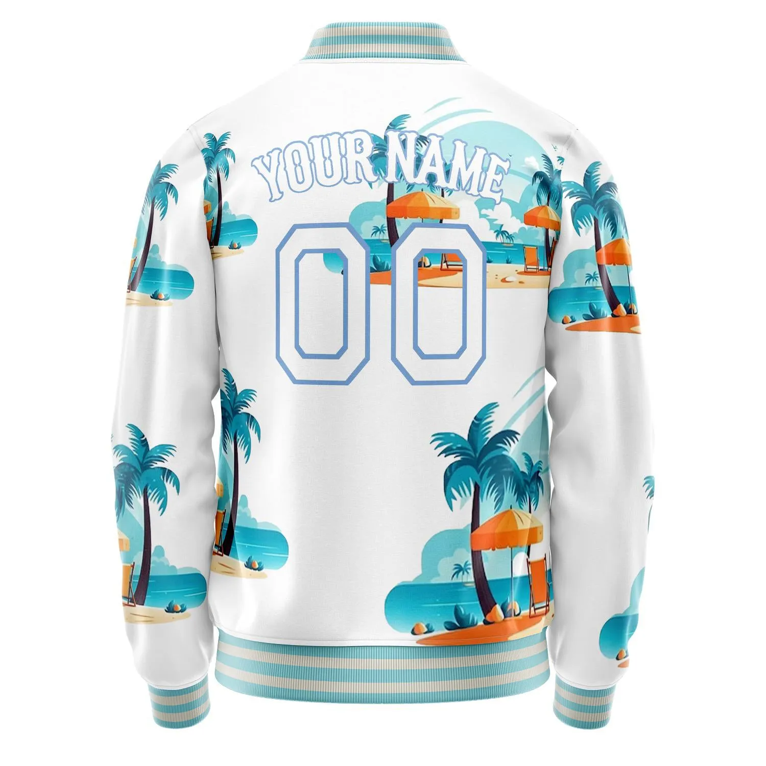 Custom White Light-Blue 3D Pattern Hawaiian Palm Tree Flamingo Varsity Letterman Jacket