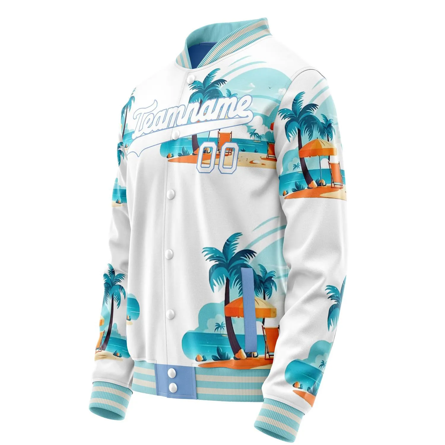 Custom White Light-Blue 3D Pattern Hawaiian Palm Tree Flamingo Varsity Letterman Jacket