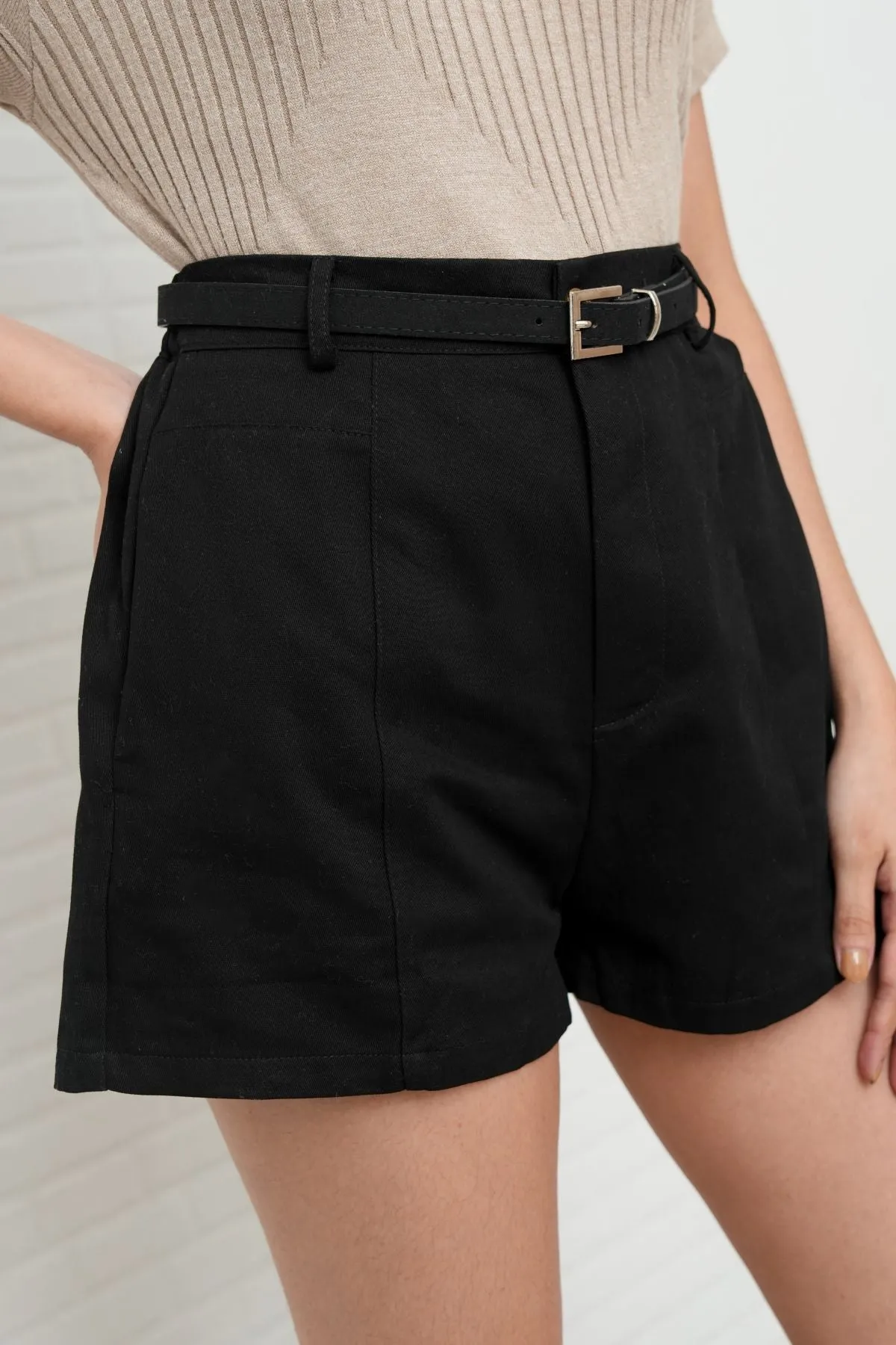 DARCY Tailored High Waist Belted Shorts (Black)