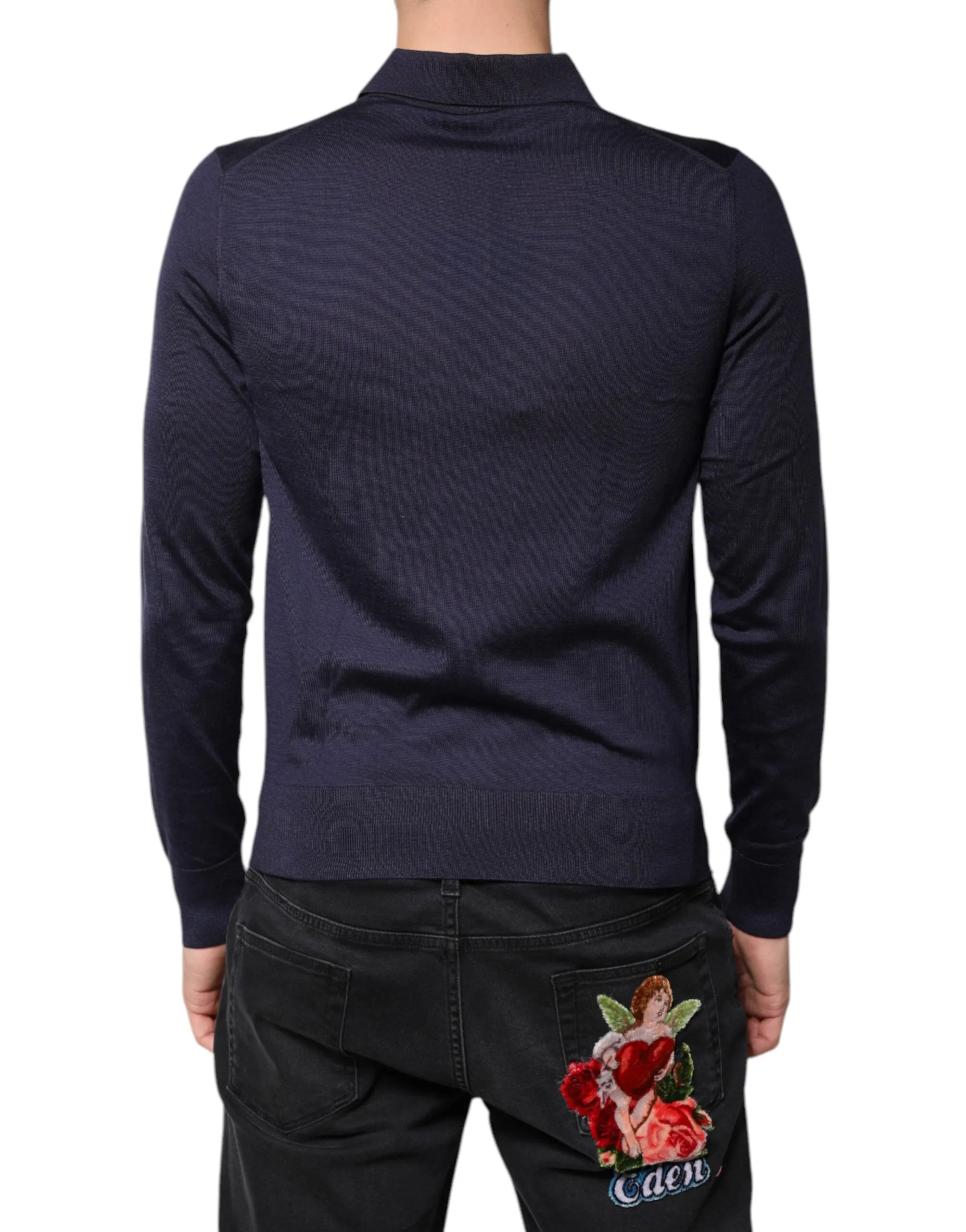 Dark Blue Silk Collared Pullover Sweater