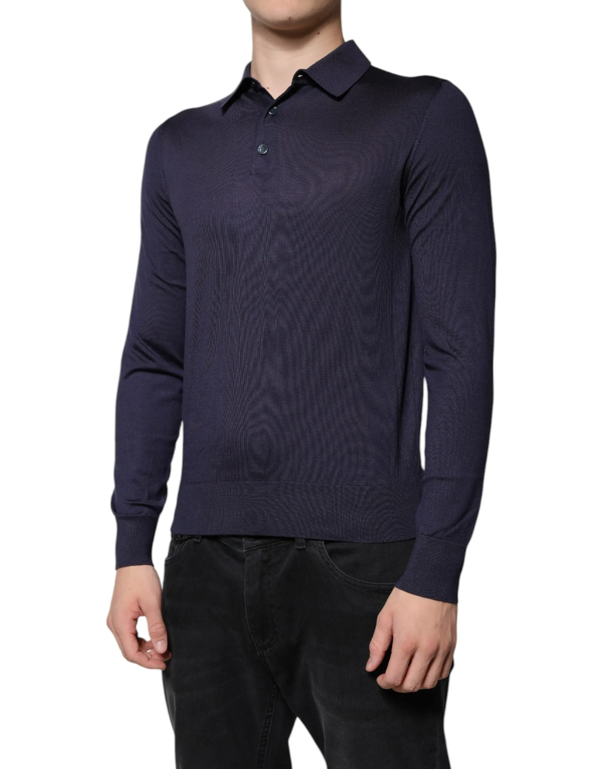 Dark Blue Silk Collared Pullover Sweater